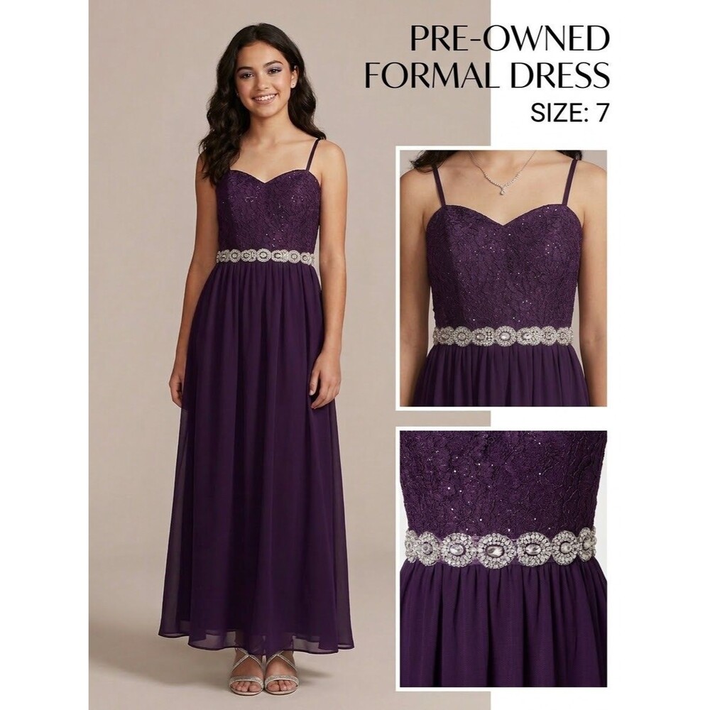 Speechless Purple Lace Rhinestone Belt Formal Maxi Prom Dress Size 7 Chiffon